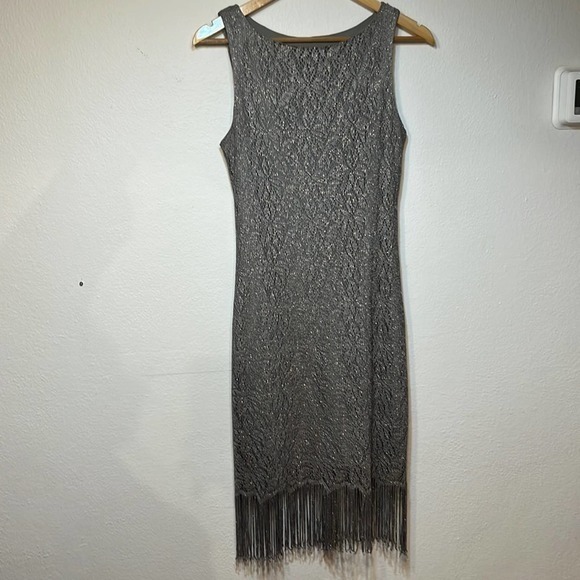 Be Smart Dresses & Skirts - Vintage Be Smart Gray‎ Sheath Dress Crocheted With Gold Shimmer Lace Fringe